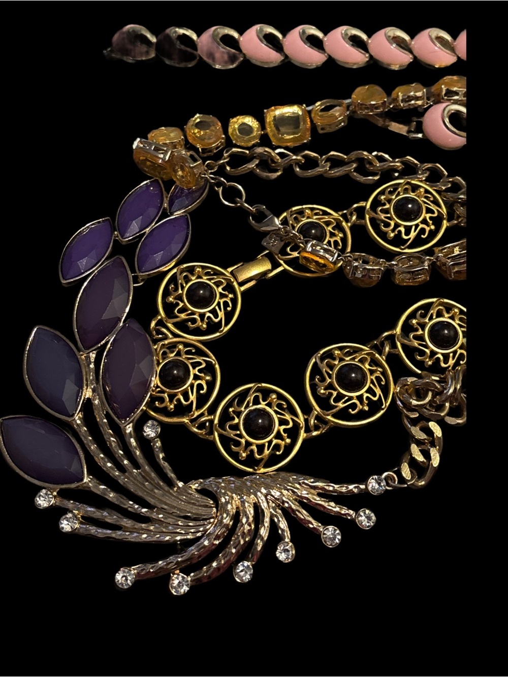 5 Assorted Vintage Necklaces with Purple Cabochons, Pink Coro ect